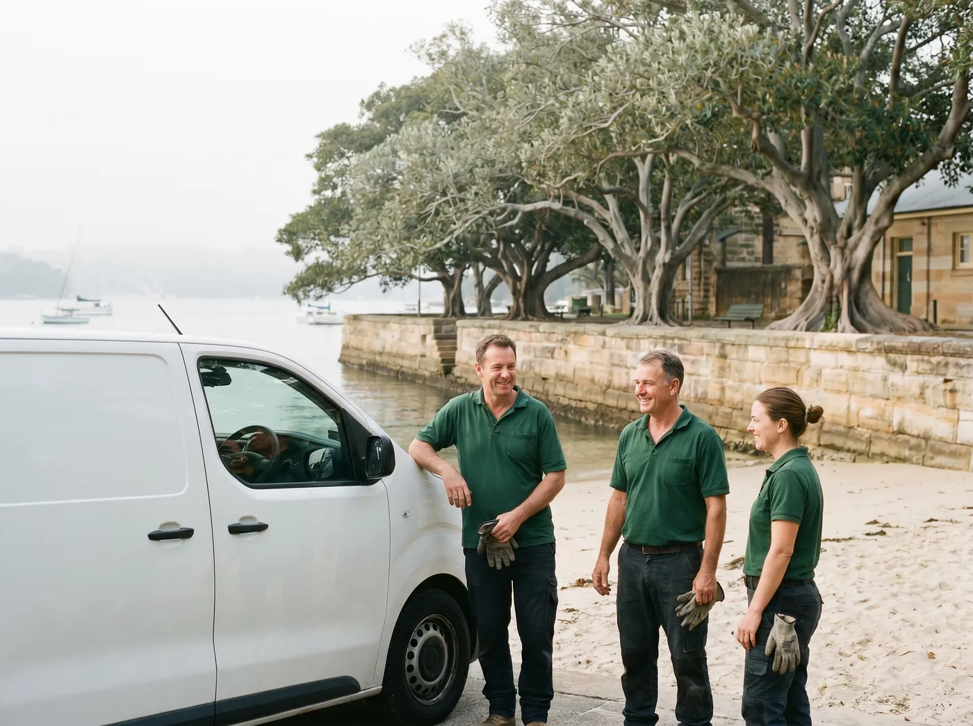Three crew members in plain green polos standing relaxed beside a white van near the harbour beach at morning