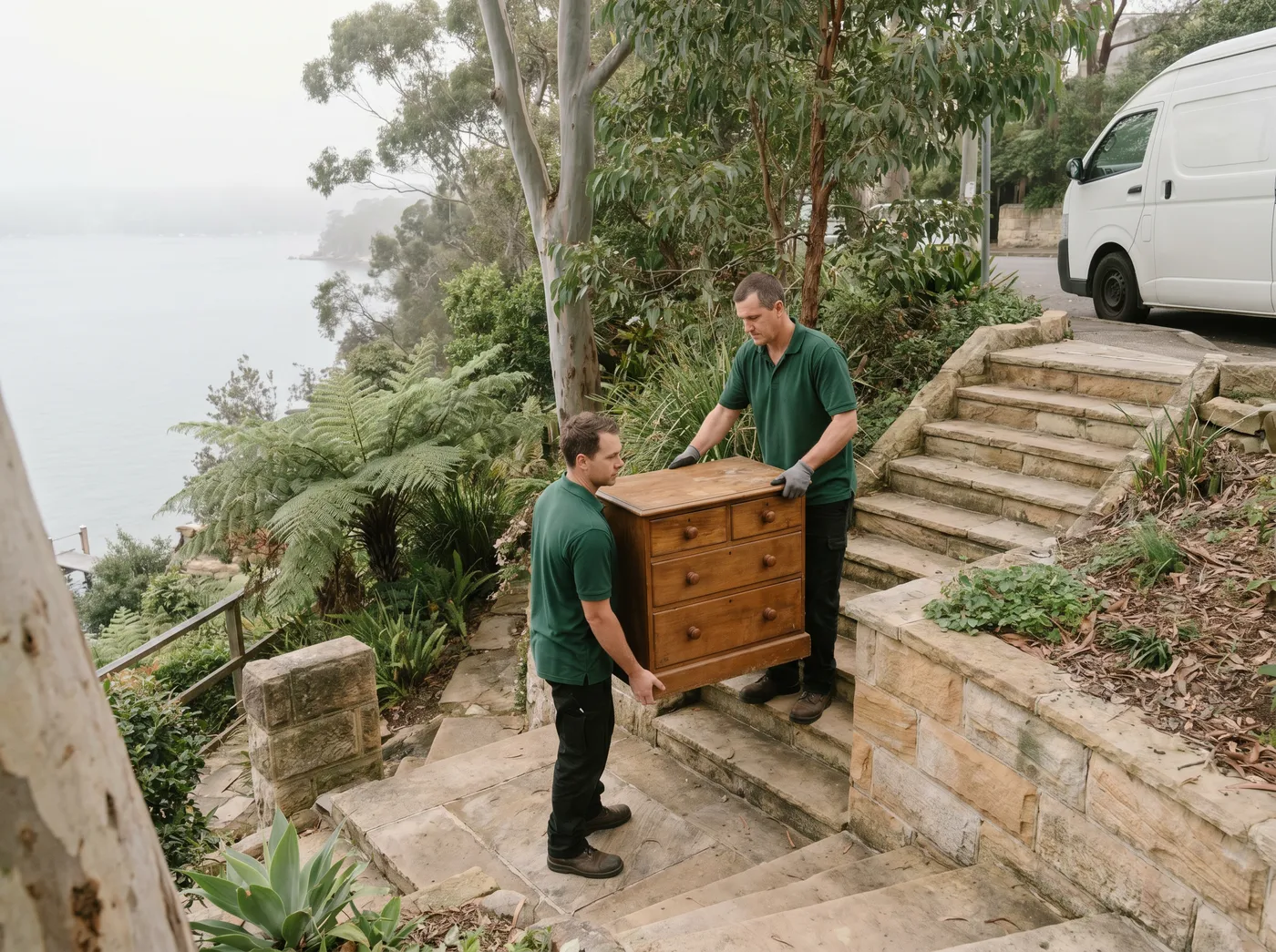 Two crew carrying a timber chest of drawers up a garden stair flight toward a plain white van waiting at street level