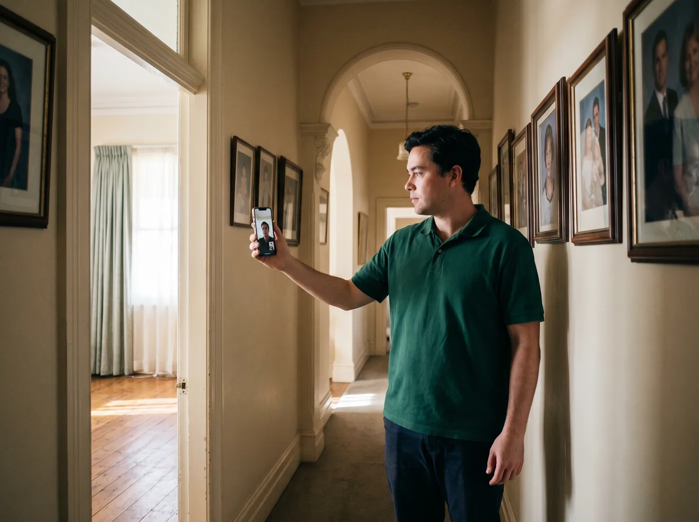 A crew member in a hallway of framed family portraits holding a phone up on a video call, showing the house to someone far away