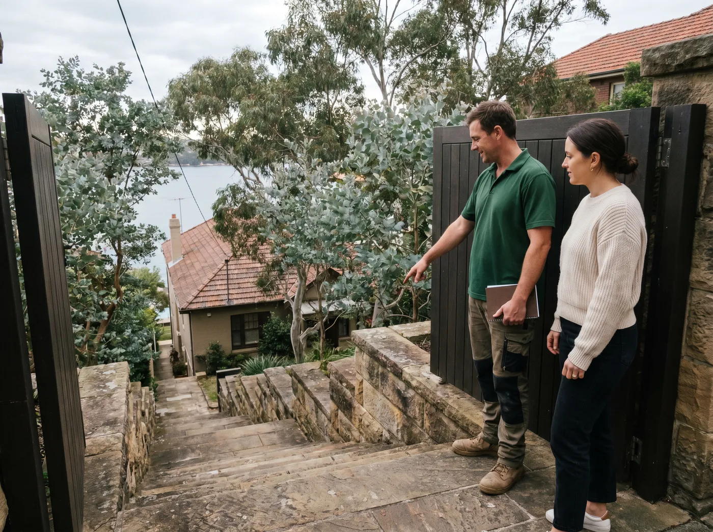 A crew member with a notebook standing with a homeowner at the top of a steep garden stair, both looking down toward the house below