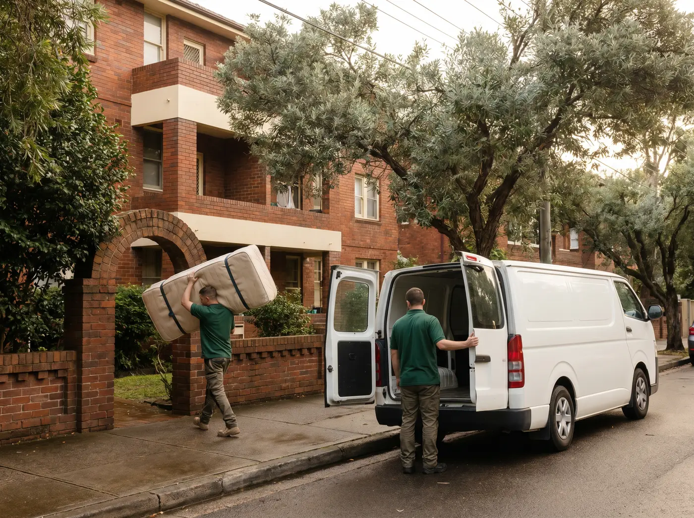A crew member carrying a strapped mattress from a red-brick walk-up apartment block toward an unmarked white van at the kerb on a leafy Cremorne street