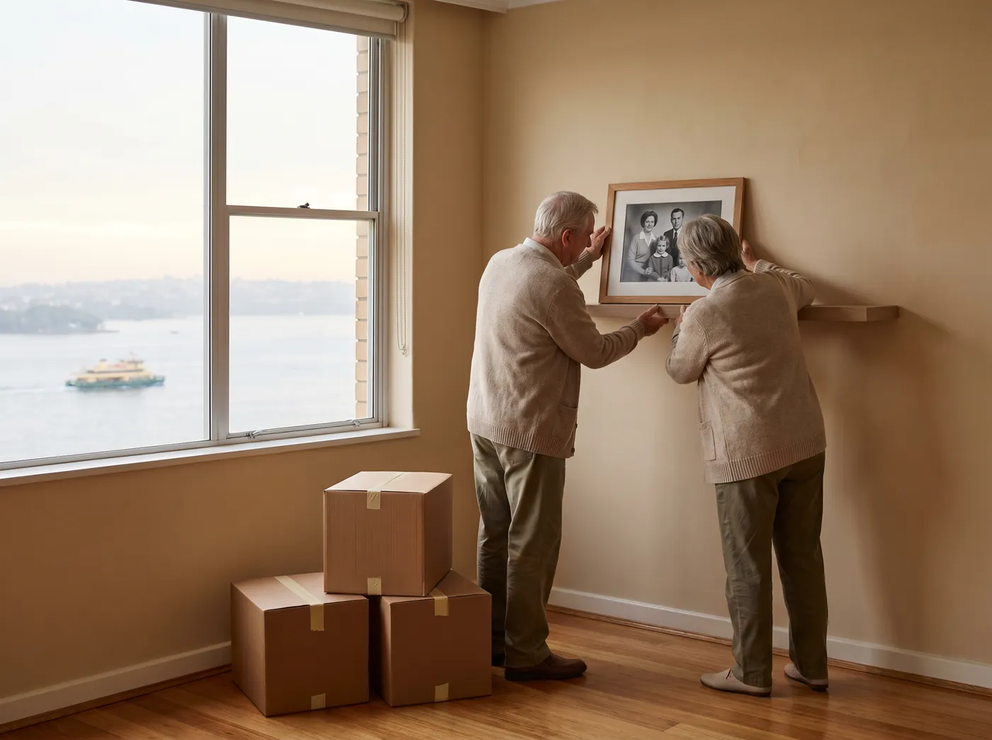 An older couple placing a framed family photograph on the shelf of a bright harbour-view apartment, moving boxes at their feet