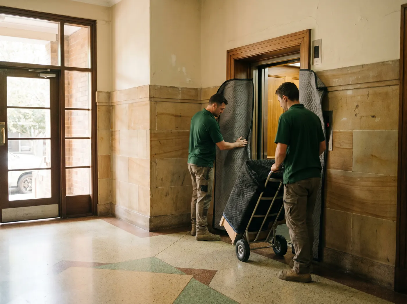 A crew member fitting a padded protective blanket to an apartment lift doorway while another steadies a wrapped side table on a trolley