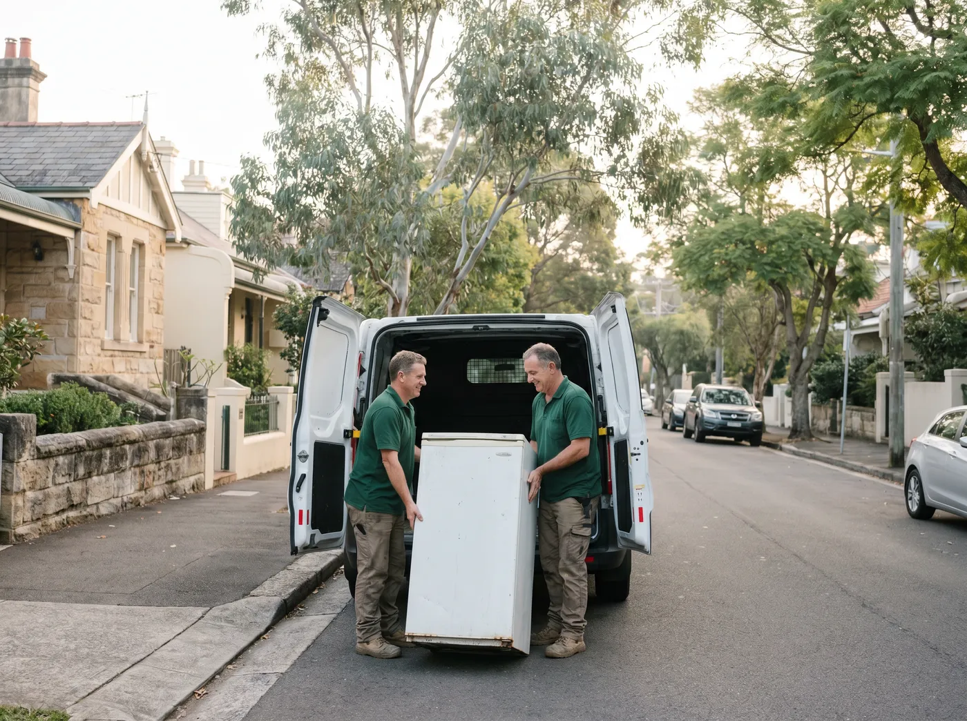 Two crew loading an old refrigerator into a plain white van on a leafy Mosman street of Federation houses