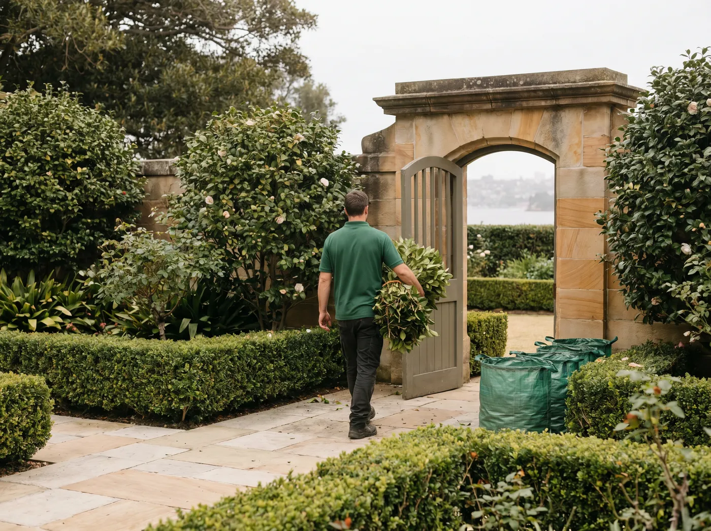 A crew member carrying bundled hedge trimmings through a sandstone garden gate in an established Mosman garden