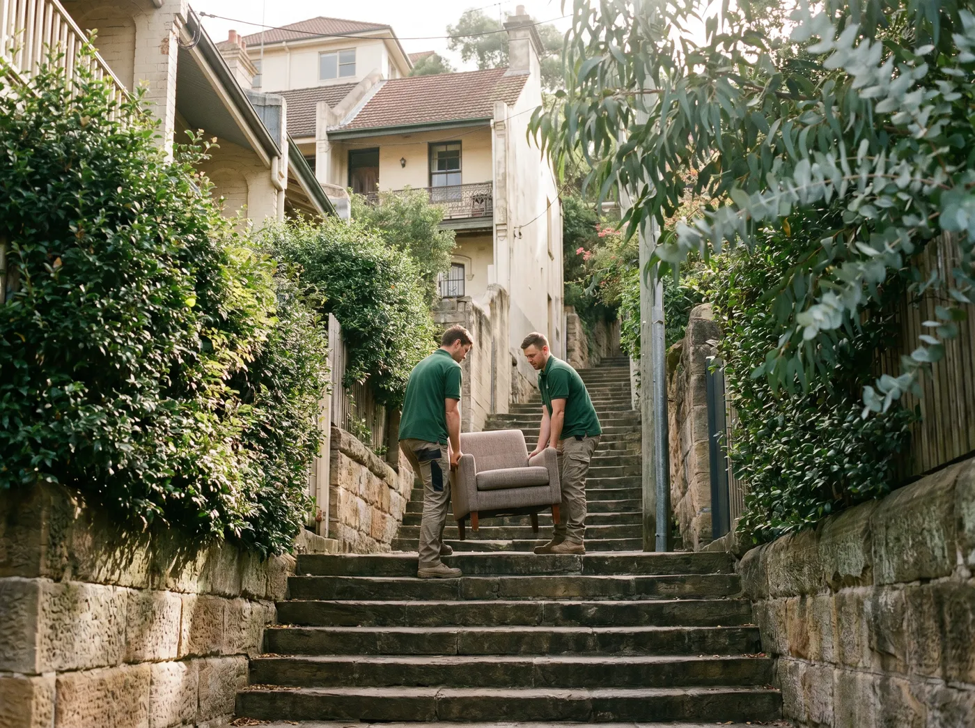 Two crew members carrying a fabric armchair up a narrow stepped laneway between sandstone walls and hedges, with older houses above