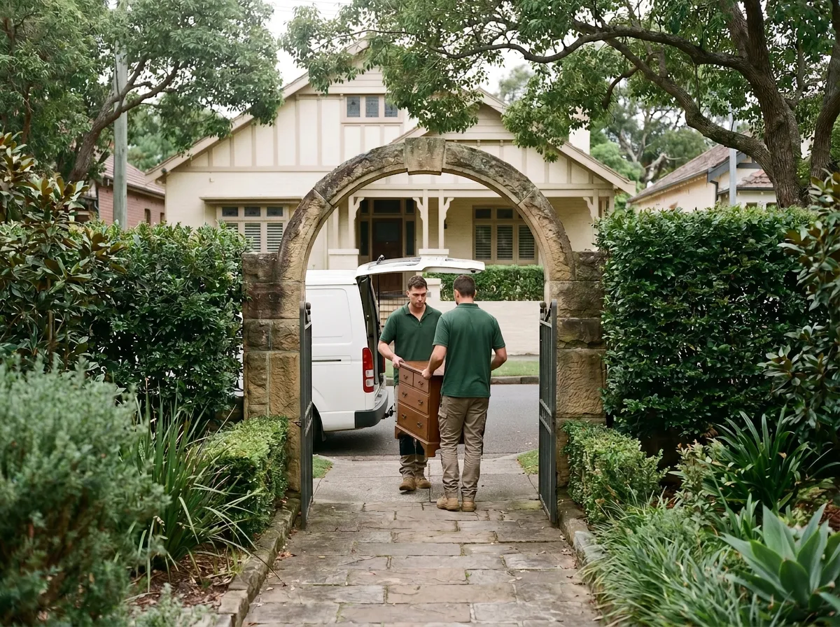 Two crew carrying a timber chest of drawers down a front garden path through a sandstone gateway toward an unmarked white van at the kerb