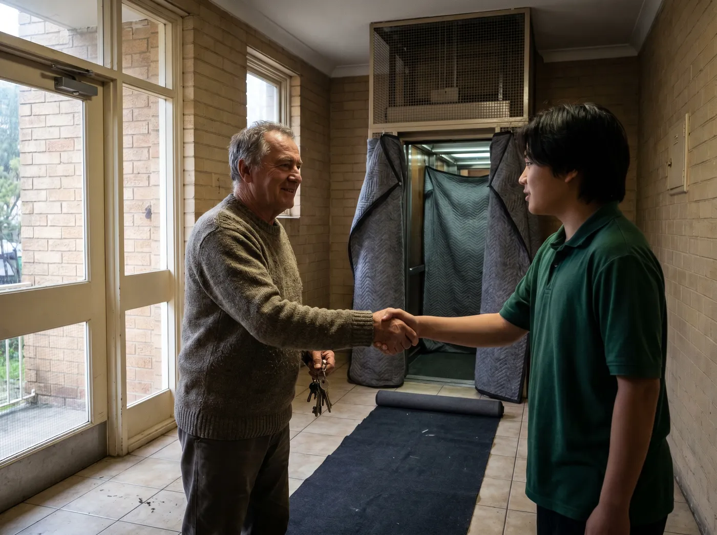 A crew member shaking hands with a building manager in the tiled lobby of an older apartment building, a protective runner laid across the floor and the lift padded with blankets