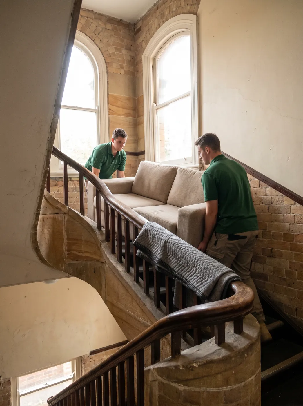 Two crew members carrying a fabric sofa down the turning stairwell of an older walk-up apartment building, a moving blanket padded over the banister rail