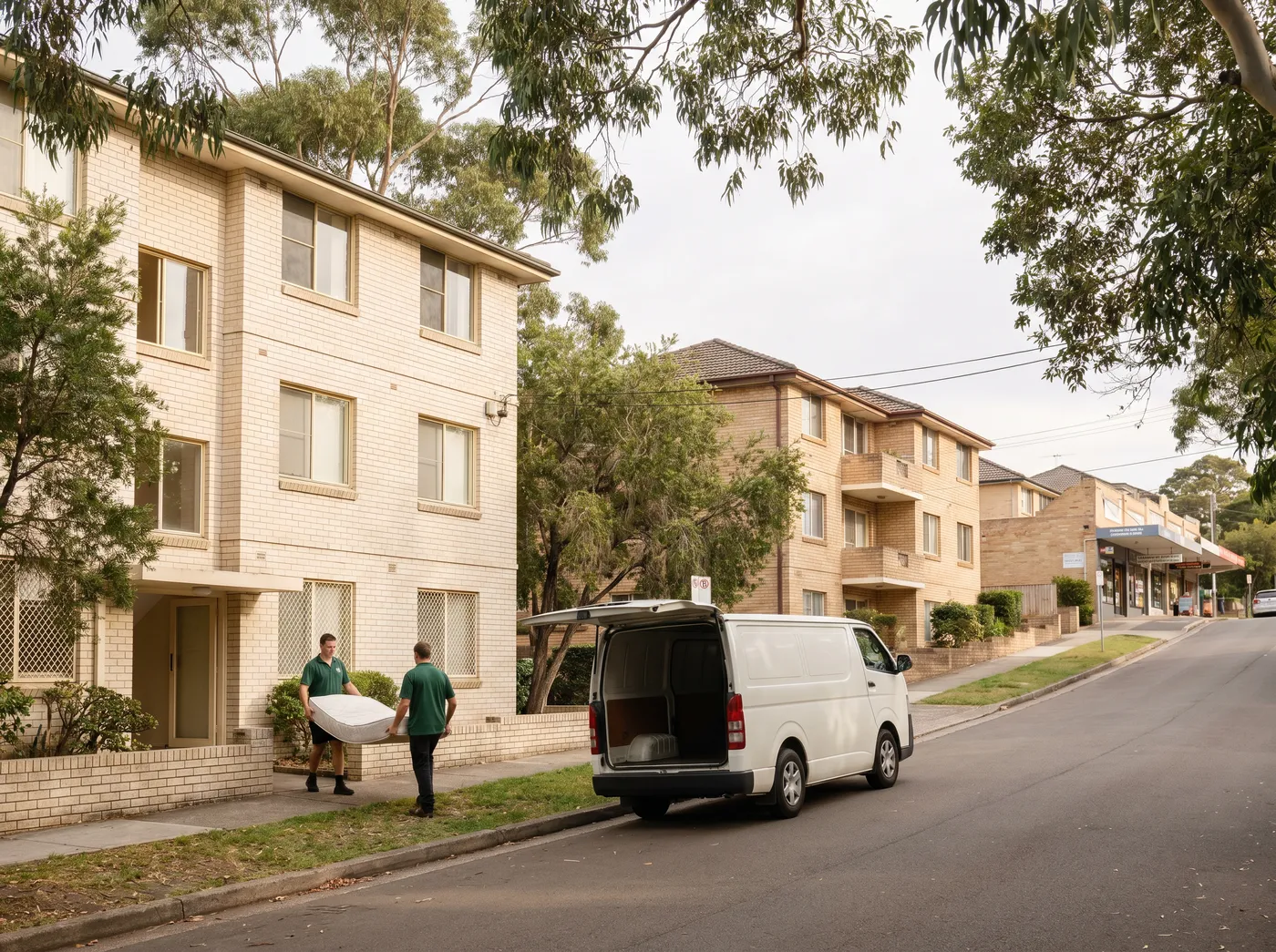 Two crew carrying a mattress from an apartment block entrance to an unmarked white van on a leafy side street below the Spit Junction shops