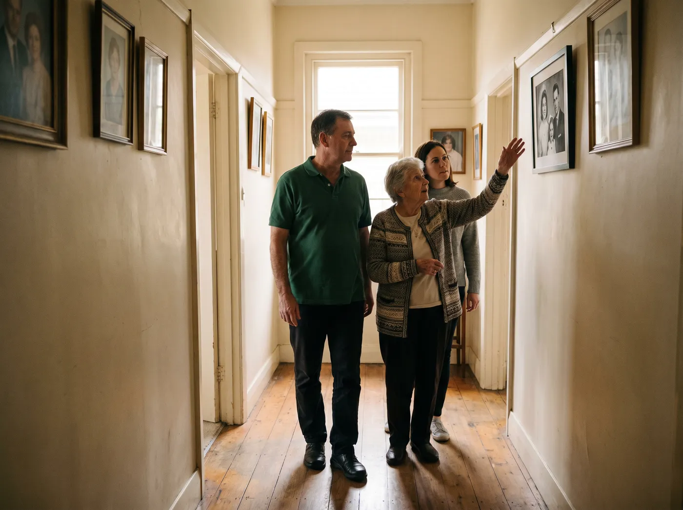A crew member walking a hallway of a family home with an older woman and her daughter