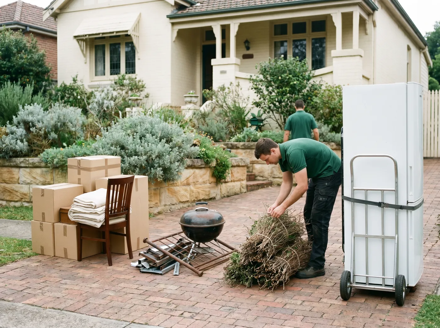 The contents of a garage staged on a brick driveway in four separated groups: taped cartons and folded linen beside a timber chair, a small stack of scrap metal with an old barbecue, a tied bundle of hedge trimmings being knotted by a crew member, and a fridge strapped upright to a hand trolley